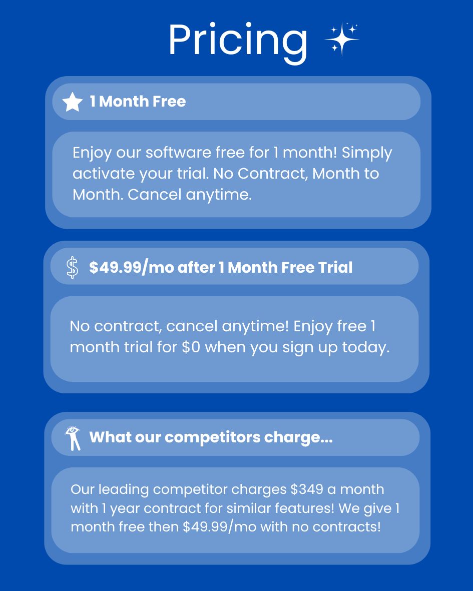 Pricing details: 1 Month Free then $49.99/mo. No contract, cancel anytime. Enjoy your free 1 month trial for $0 when you sign up today.
